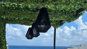 A rooftop terrace with a view of the ocean, a hanging black structure, and a modern sink.