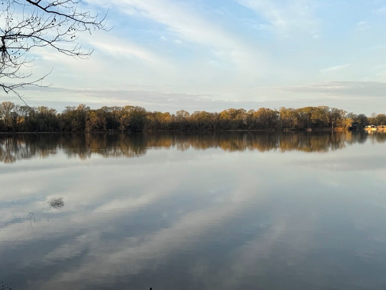 Un lac paisible, avec des arbres qui se reflètent dans l’eau et un ciel dégagé.