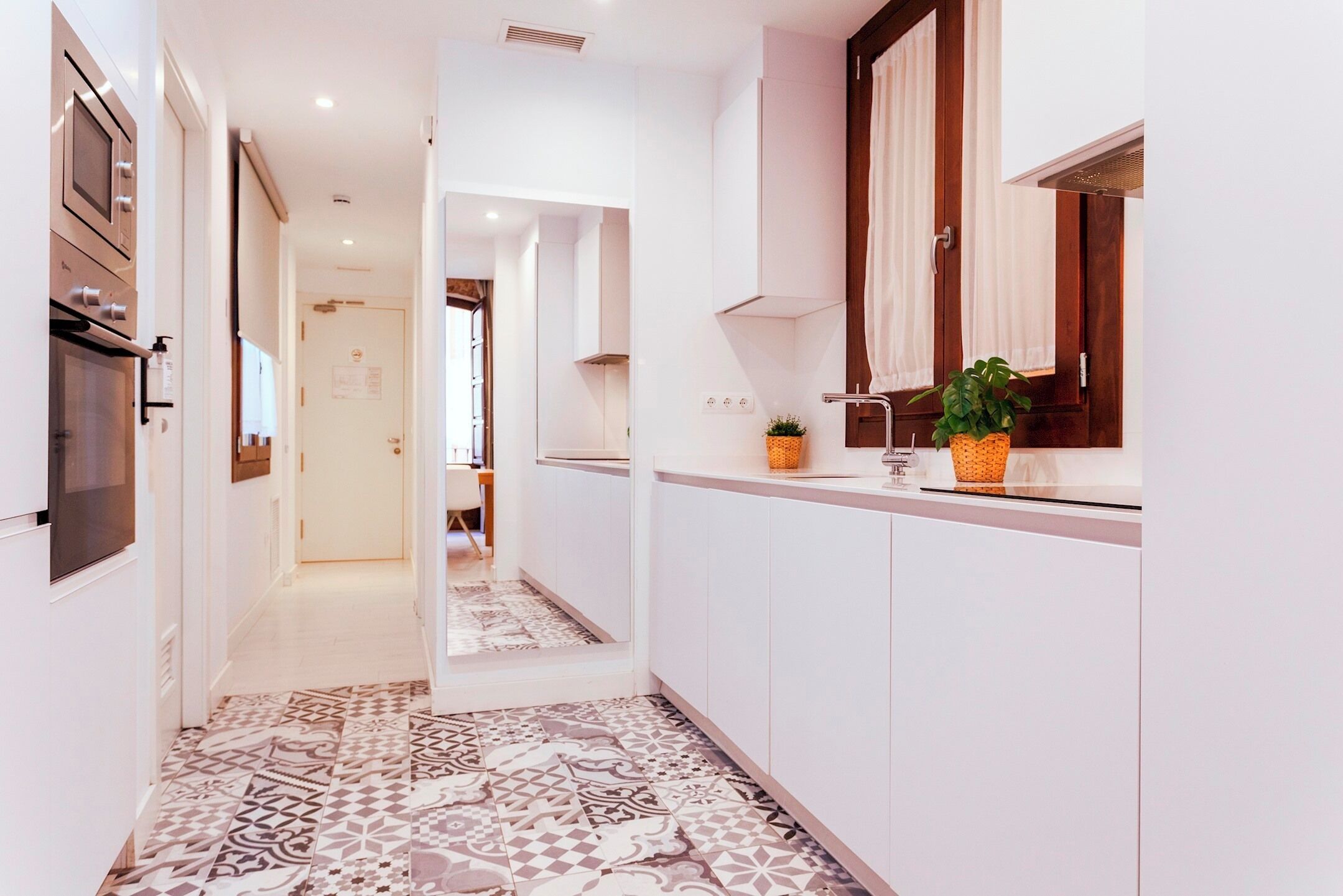 A modern kitchen with white cabinets, a patterned tile floor, and a potted plant on the counter.