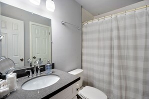 Eco-friendly toiletries, hair dryer, towels, soap
