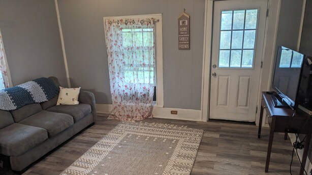 A living room with a grey sofa, a patterned rug, a television, and a door with a sign above it. - 2-bedroom apartment with balcony view and walking distance balloon rally (Wellsville)