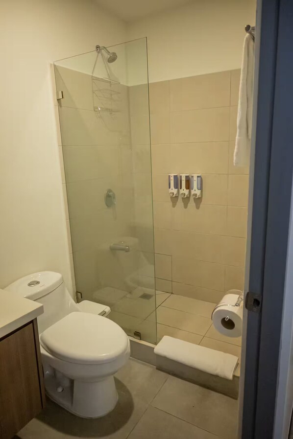 Une salle de bain moderne dotée d’une douche à parois de verre, de toilettes et d’un lavabo.