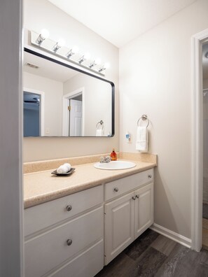 Hair dryer, towels, soap, toilet paper