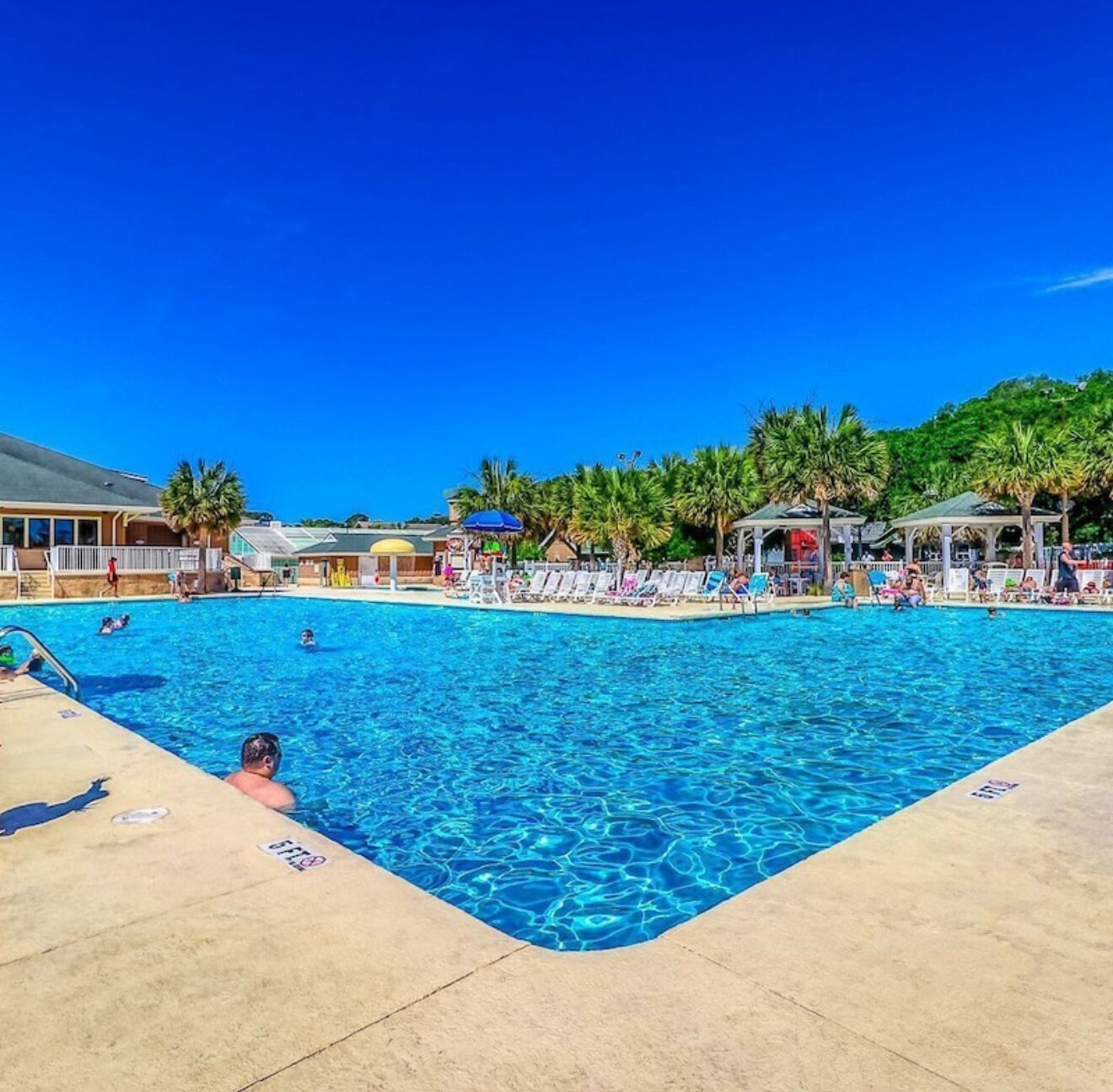 A large swimming pool with lounge chairs and palm trees, surrounded by buildings and a clear blue sky.