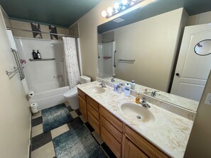 Hair dryer, bidet, towels, soap
