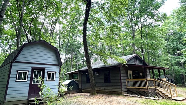 A rustic cabin with a porch and a small shed in a wooded area. - Peaceful cozy cabin in the woods (Murphy)