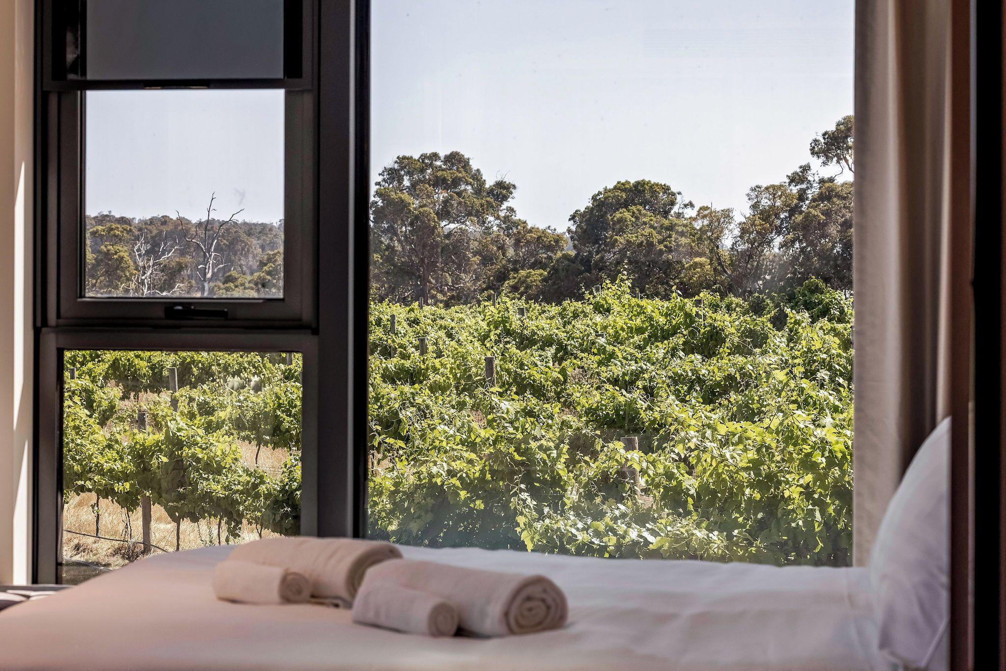 Una habitació d'hotel amb una finestra gran que ofereix vistes a un vinater.