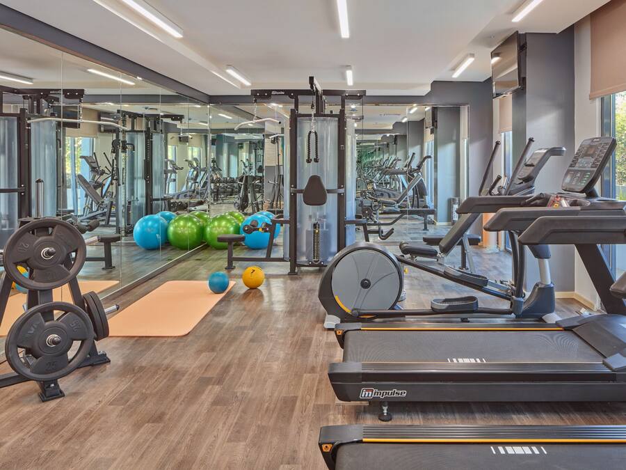 A gym with cardio equipment, weightlifting stations, and exercise balls.