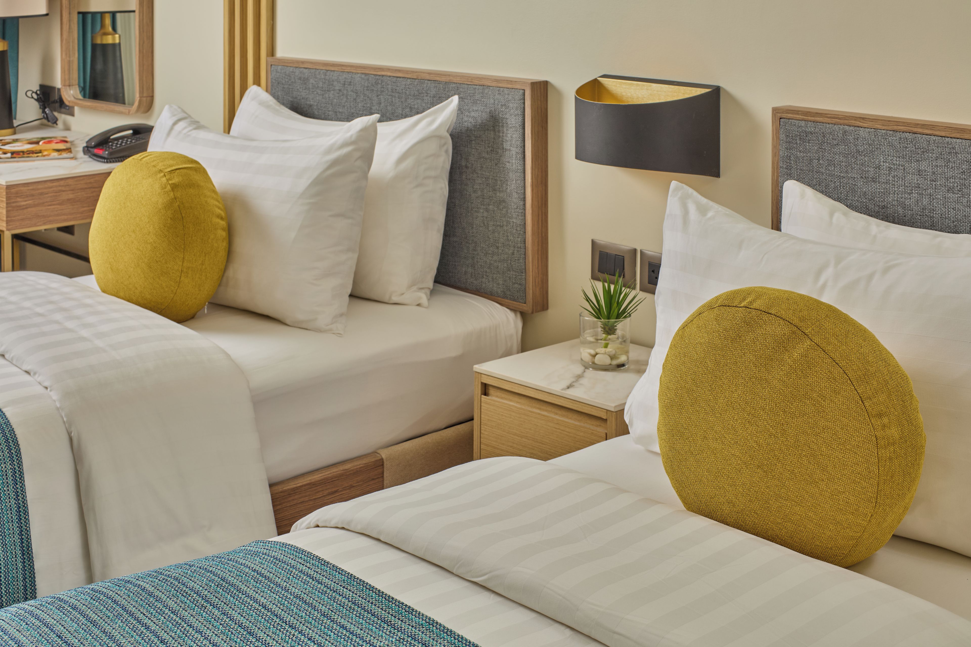 Habitación de hotel con dos camas, una mesita de noche con lámpara, una planta pequeña y un escritorio con teléfono.