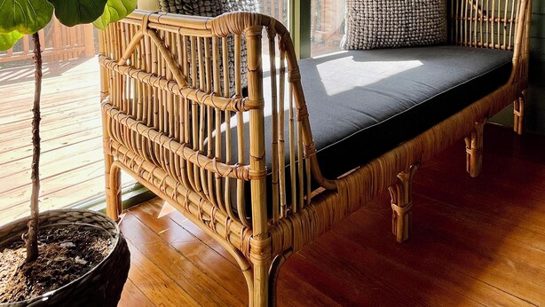 A wicker sofa with cushions, a potted plant, and a view of a house through a large window. - Historic Downtown Raleigh 3-bedroom Home Close to Everything (Raleigh)