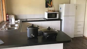 Fridge, microwave, electric kettle, toaster