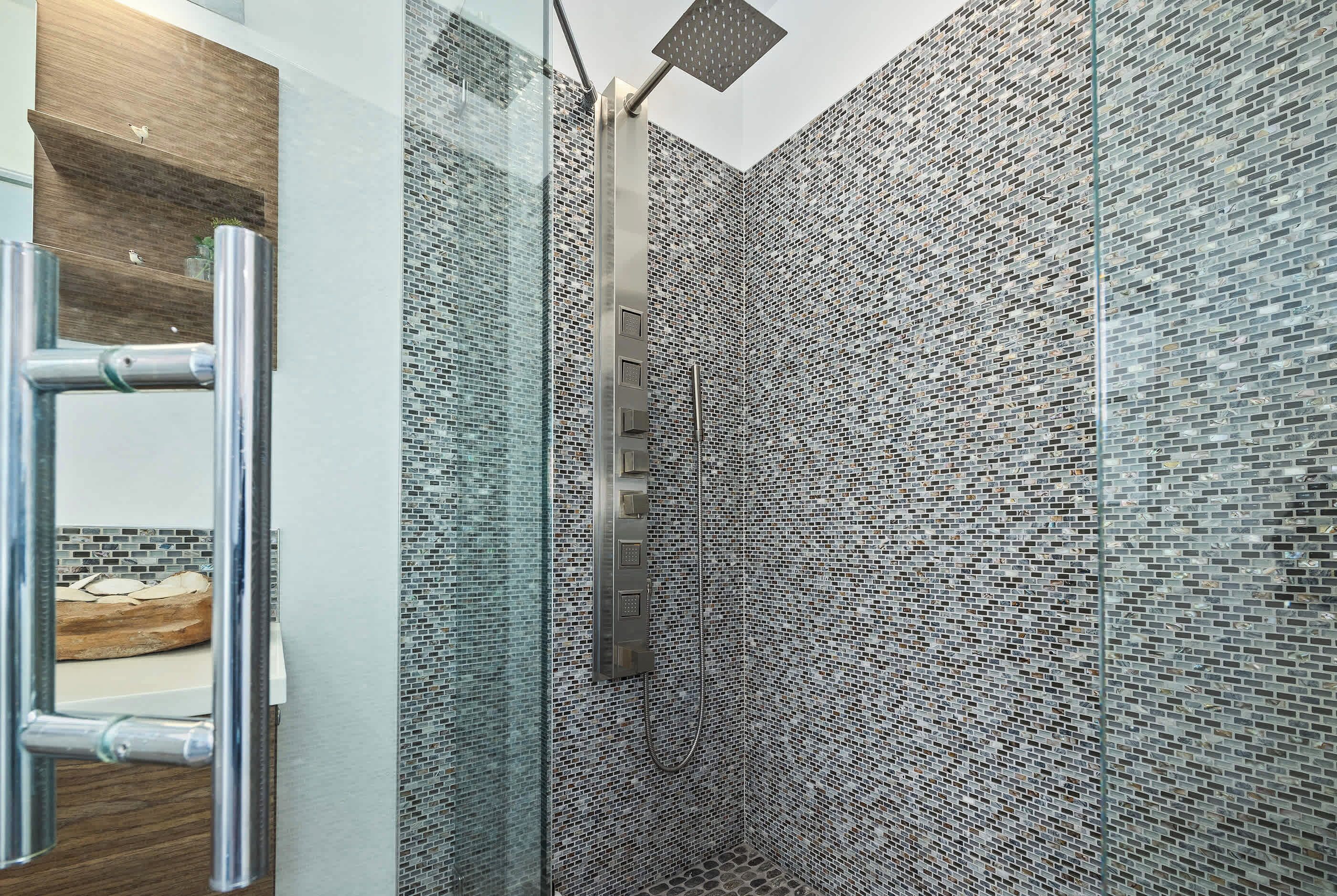 Shower, hair dryer, towels, shampoo