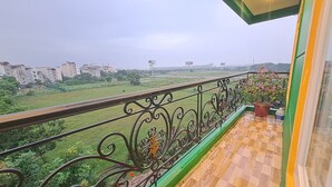 Un balcon donnant sur un quartier résidentiel, avec une rambarde verte et un pot de fleurs.