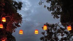 Une voiture Honda City rouge était garée dans un parc, et des guirlandes lumineuses étaient suspendues au-dessus.