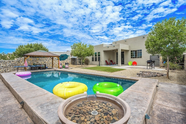 Waterfall, floaties, ping-pong, gazebo, grill, outdoor shower, loungers + more