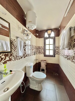 Douche, serviettes fournies, savon, shampooing