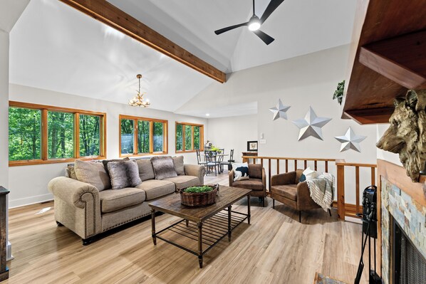 Smart TV, fireplace, foosball