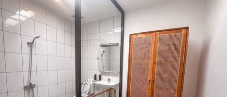 Shower, hair dryer, bidet, towels