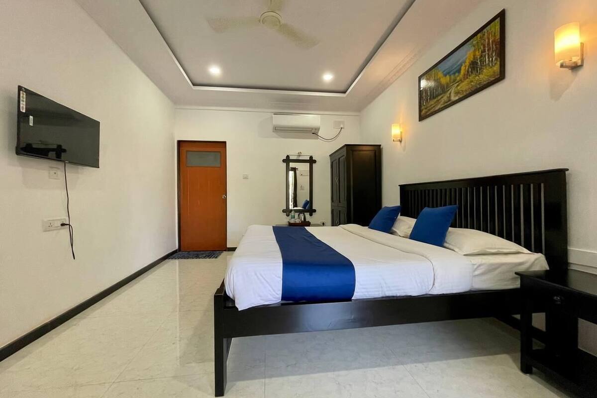 Habitación de hotel con cama, televisión, ventilador de techo, aire acondicionado, un cuadro y una puerta.