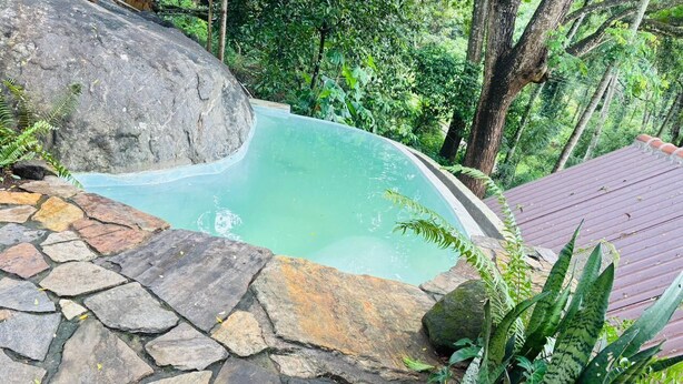 A stone pool surrounded by lush greenery and a wooden deck. - Mati Gedara Resort (Digana)