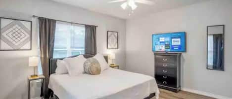 1 bedroom, desk, iron/ironing board, travel cot