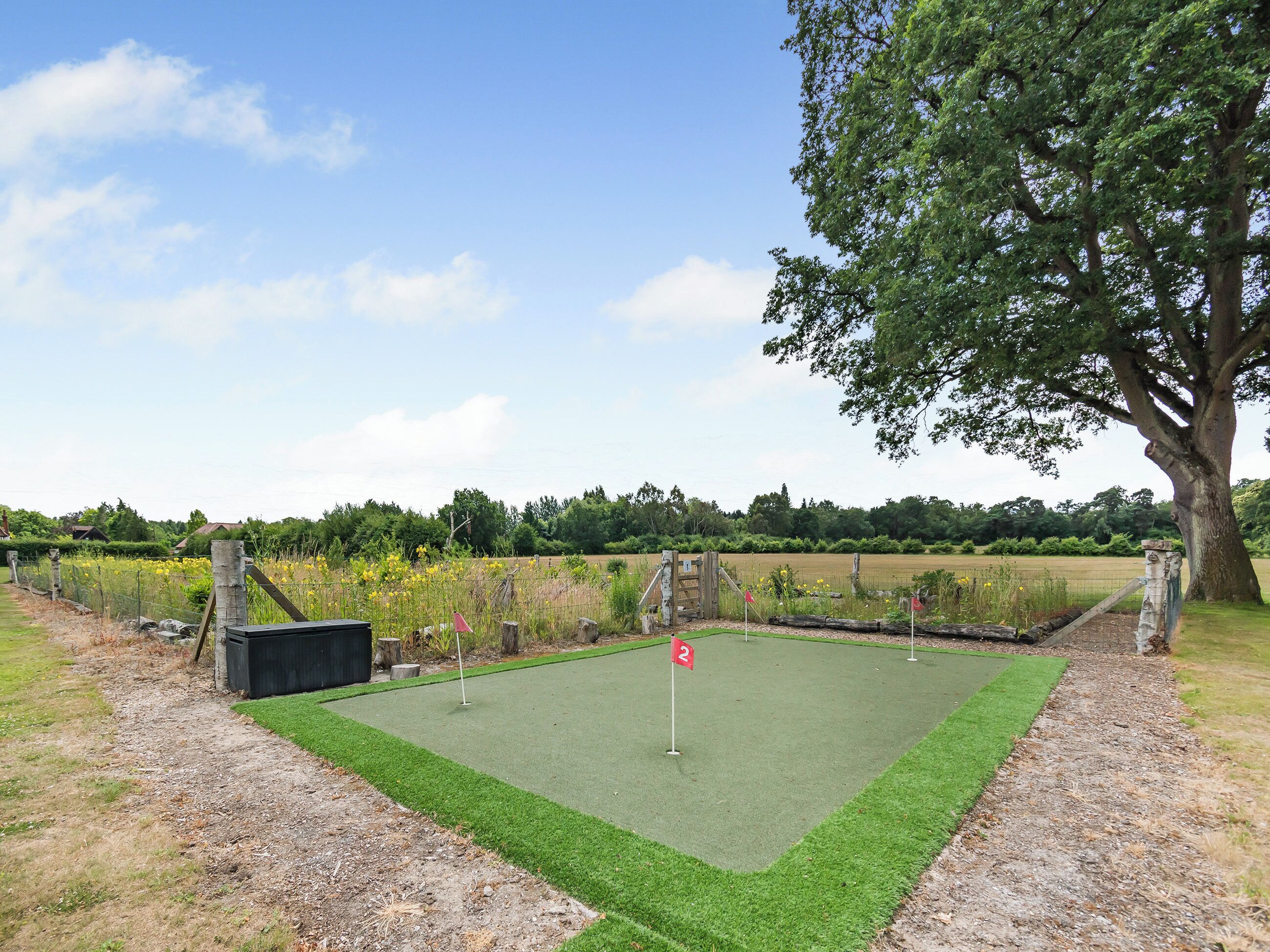A miniature golf course with a green artificial turf, a flag, and a wooden structure.