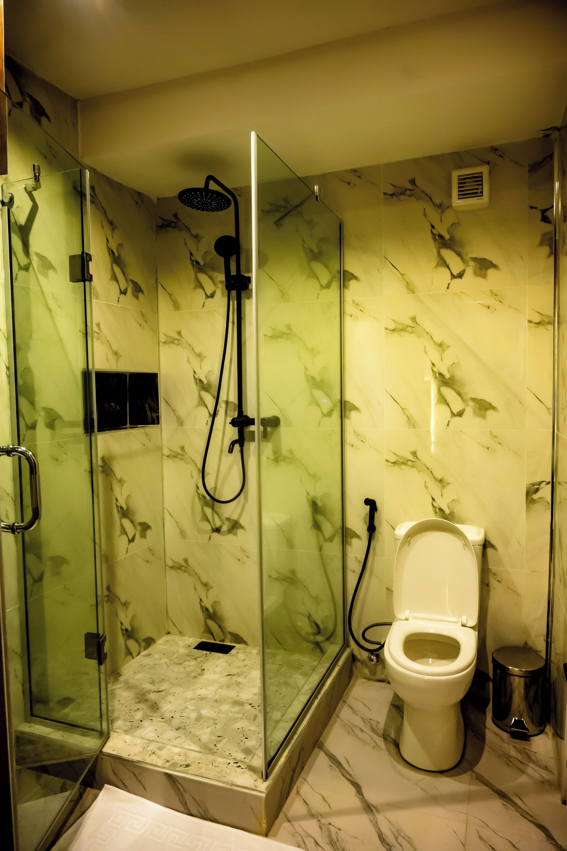 A bathroom with a glass-enclosed shower, a toilet, and marble-patterned walls.