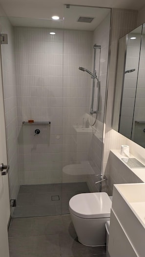 Hair dryer, towels, soap, shampoo