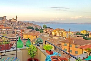 Terraza en la azotea con plantas en macetas y vistas a un pueblo costero.