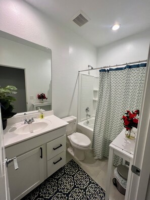 Shower, hair dryer, towels, toilet paper