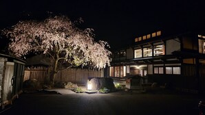 Un bâtiment traditionnel japonais, avec un grand cerisier en fleurs devant.