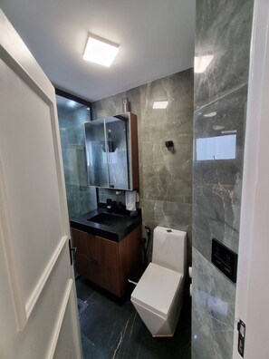Shower, jetted bath, hair dryer, bidet