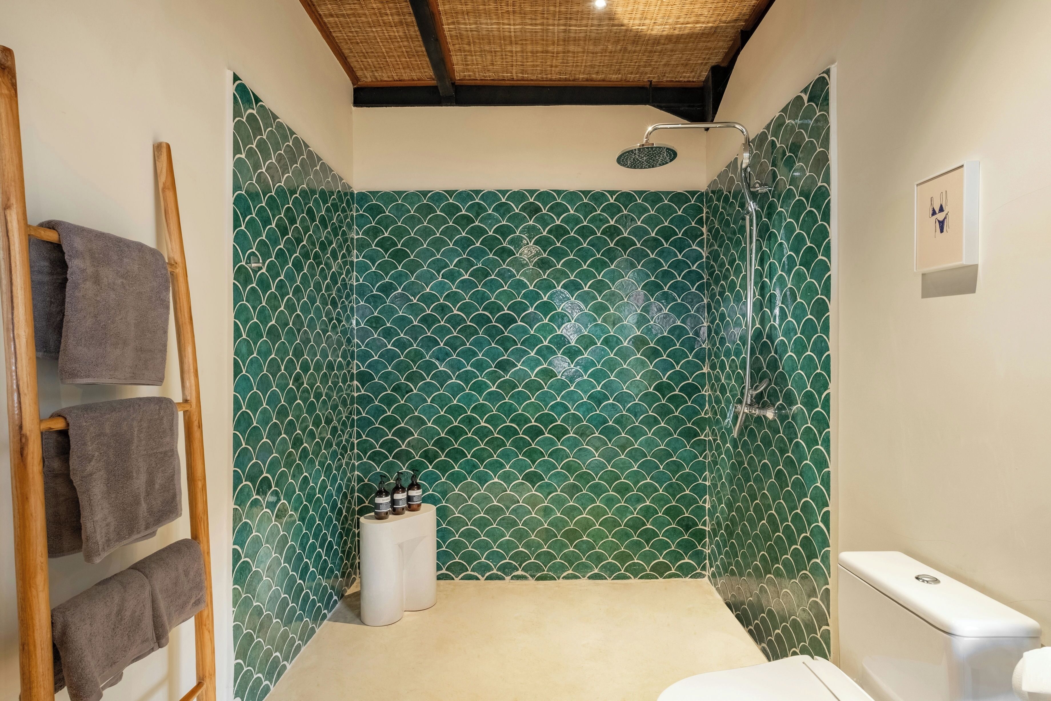 Une salle de bain avec une douche, des toilettes et un porte-serviettes.