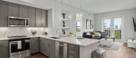 Microwave, dishwasher, coffee/tea maker, toaster