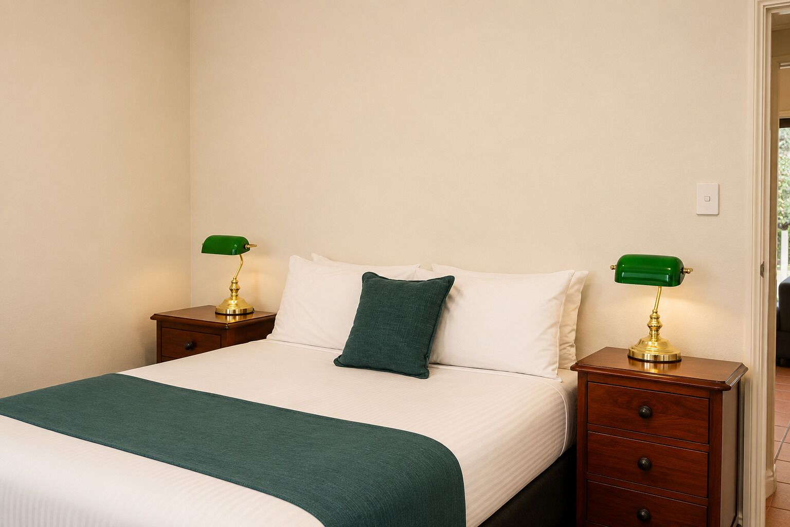 Un lit bien fait, recouvert d’un plaid vert, avec deux tables de chevet dotées de lampes et un seul oreiller vert.