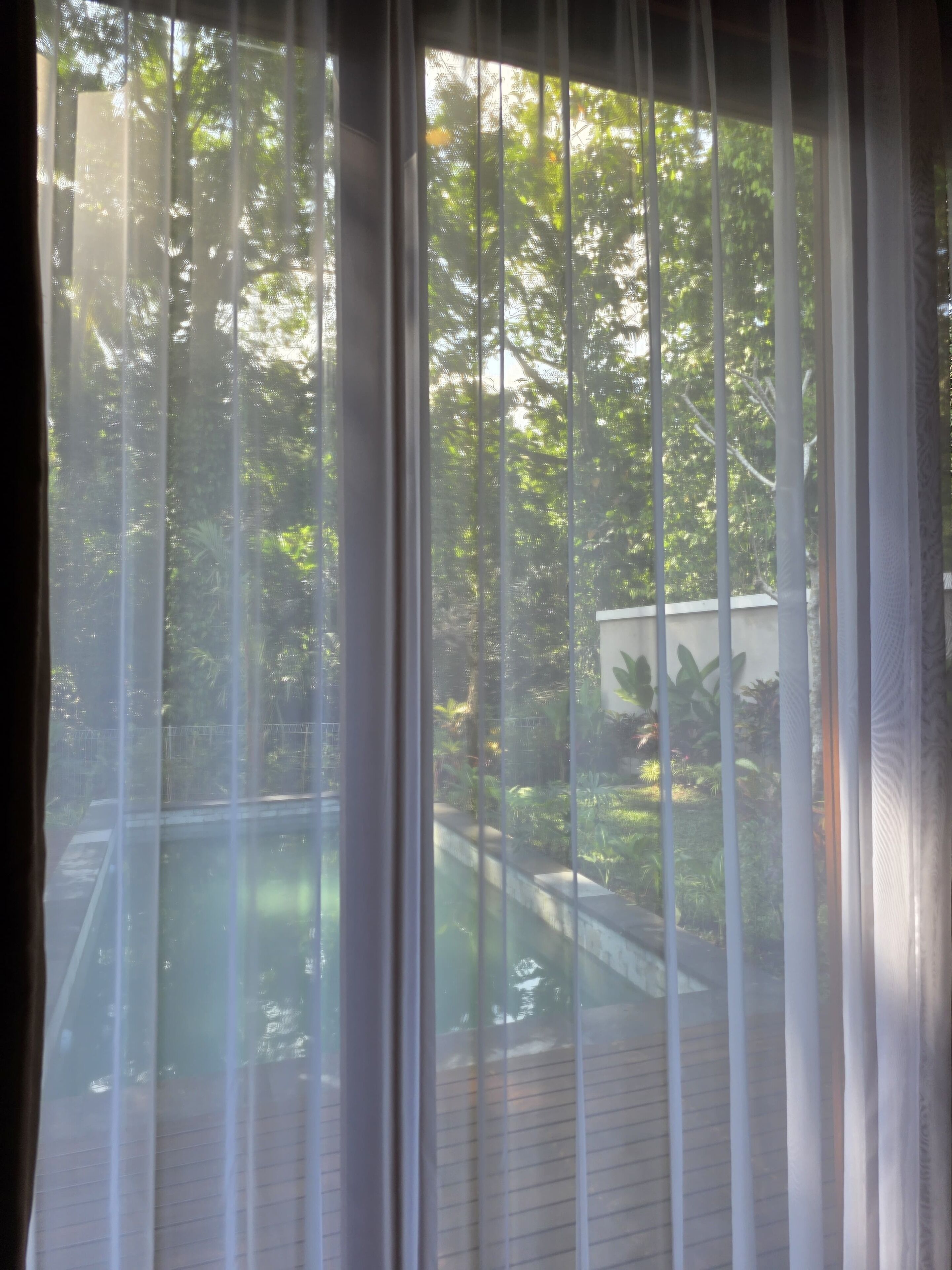 Blick durch transparente Vorhänge auf einen Pool und üppiges Grün.
