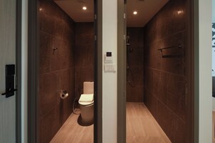 Combined shower/tub, hair dryer, towels, soap