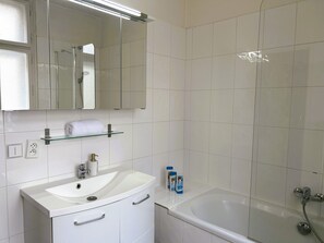 Hair dryer, towels, soap, toilet paper