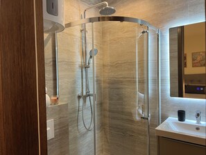 Hair dryer, towels, soap, toilet paper