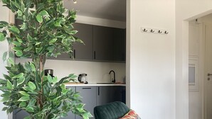 Une cuisine moderne avec des meubles gris, une machine à café et une bouilloire posées sur le plan de travail.