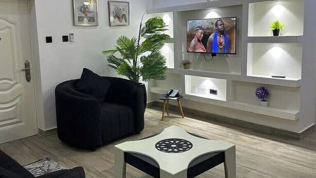 A modern living room with a black sofa, a white coffee table, a TV mounted on the wall, and a decorative plant. - Bott Apartment (Abuja)
