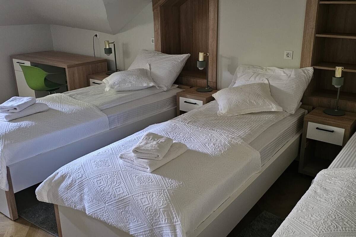 Habitación triple económica, 3 camas individuales, baño privado | Caja fuerte, espacio para trabajar con un portátil, cortinas opacas