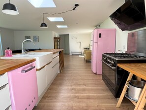 Fridge, dishwasher, cookware/dishes/utensils