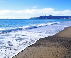 A beach with waves, pebbles, and a distant ship.