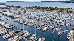 A marina with numerous boats docked, a large building on the left, and a distant cityscape.