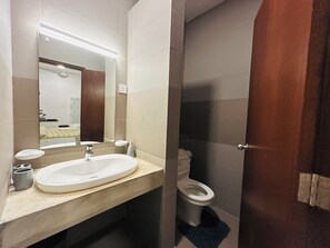 Shower, hair dryer, bidet, towels