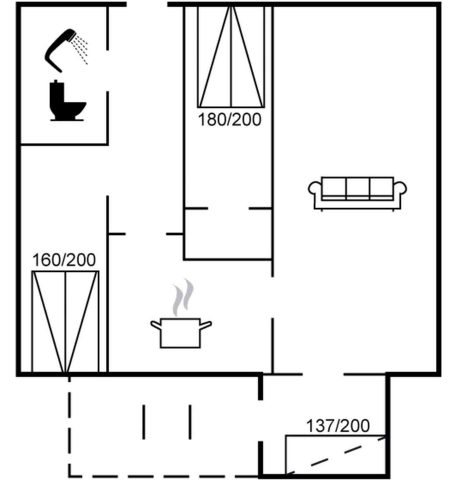 A floor plan with a bathroom, a kitchenette, and a living area.