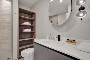 Douche, séchoir à cheveux, serviettes fournies