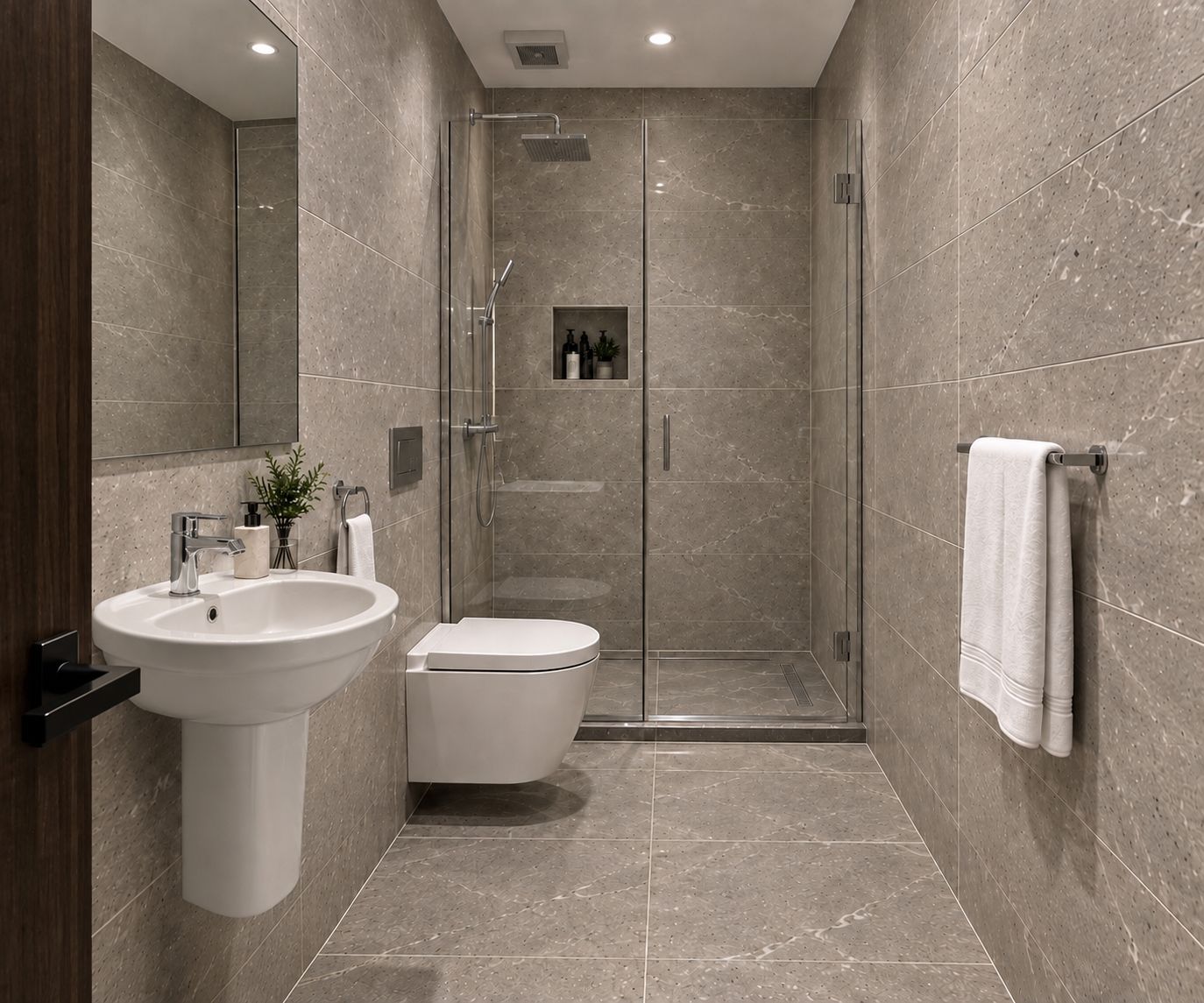 A modern bathroom with a glass-enclosed shower, a white sink, and a toilet.