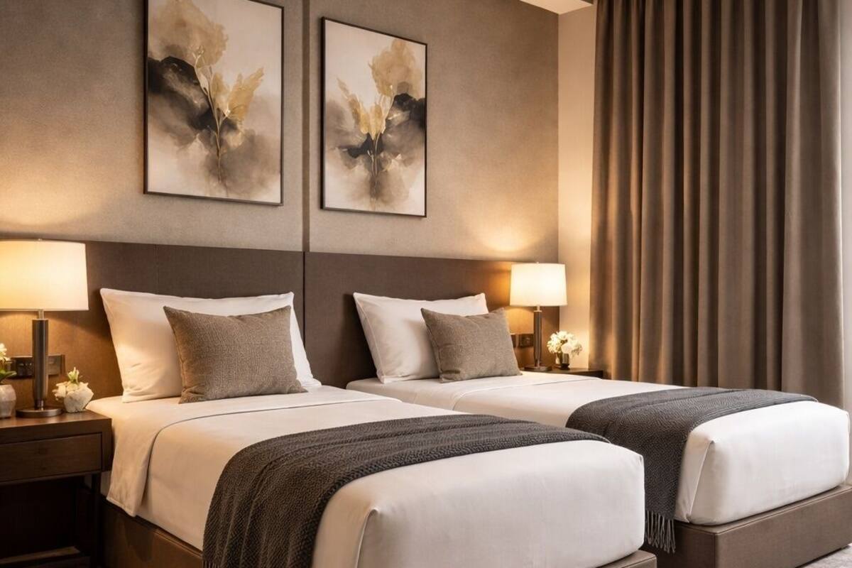 A hotel room with two beds, a large window with curtains, and two framed artworks on the wall.